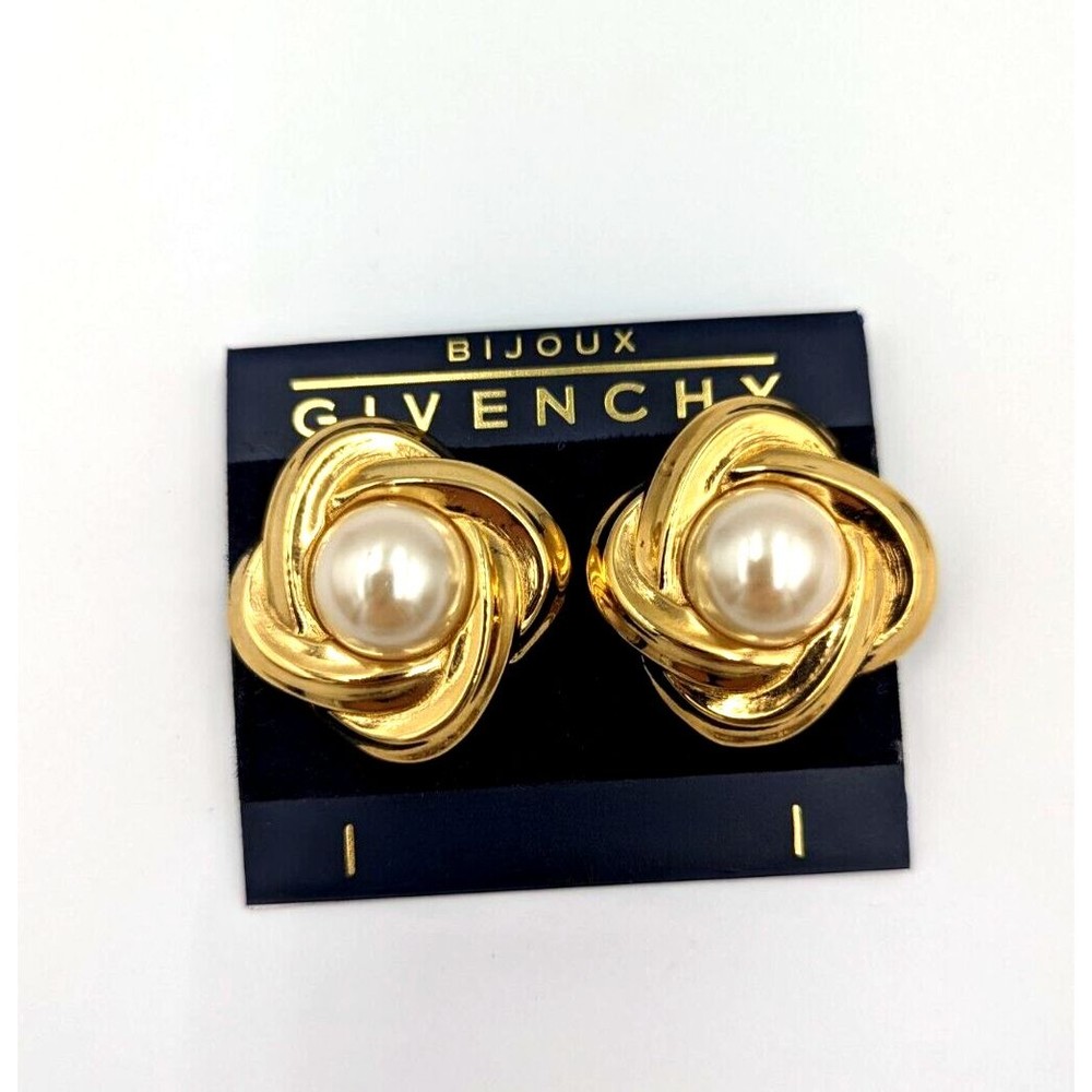 Vintage Givenchy Gold Tone Faux Pearl Statement Clip On Earrings 80's Marked